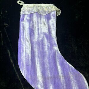 Handmade Purple Velour Christmas Stocking with White and Gold Lace